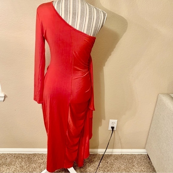 NEW Sexy Bodycon Dress Small Red Maxi Spandex Stretch One Sleeve Ruffled NWOT - Picture 9 of 14